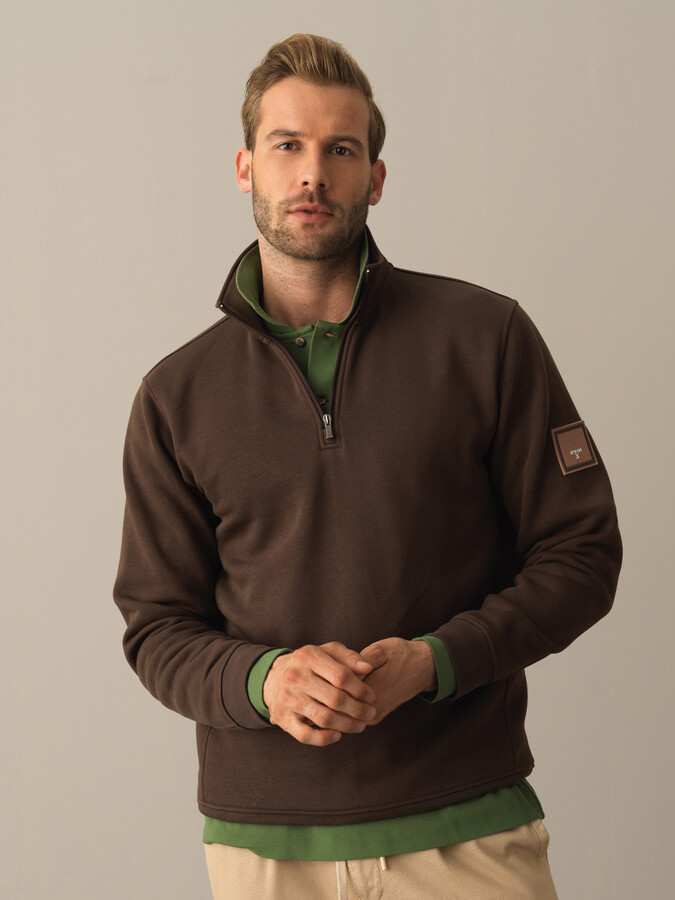 Kahverengi Pamuk Dokulu Dik Yaka Sweatshirt - Xint