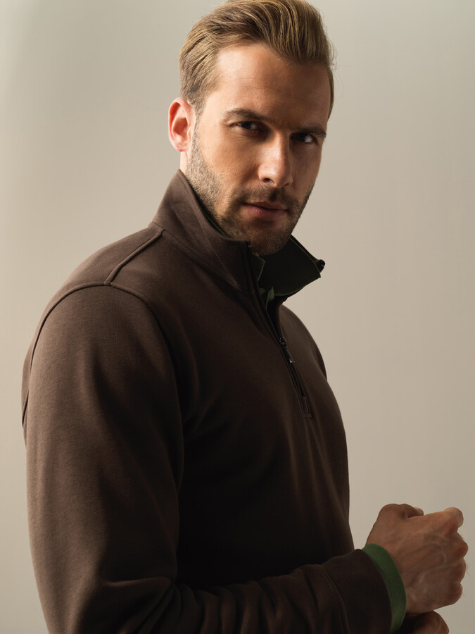 Kahverengi Pamuk Dokulu Dik Yaka Sweatshirt - Xint