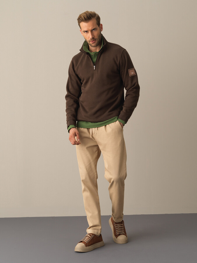 Kahverengi Pamuk Dokulu Dik Yaka Sweatshirt - Xint