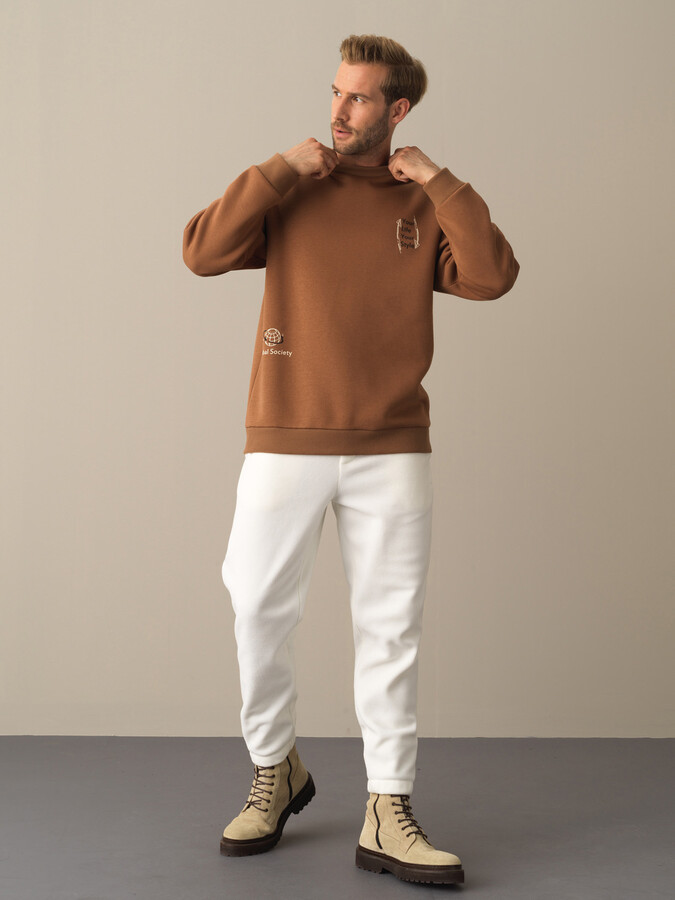 Camel Pamuk Dokulu Oversize Baskılı Sweatshirt - Xint