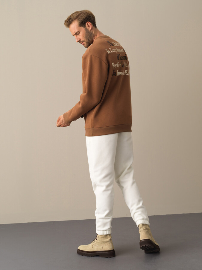 Camel Pamuk Dokulu Oversize Baskılı Sweatshirt - Xint