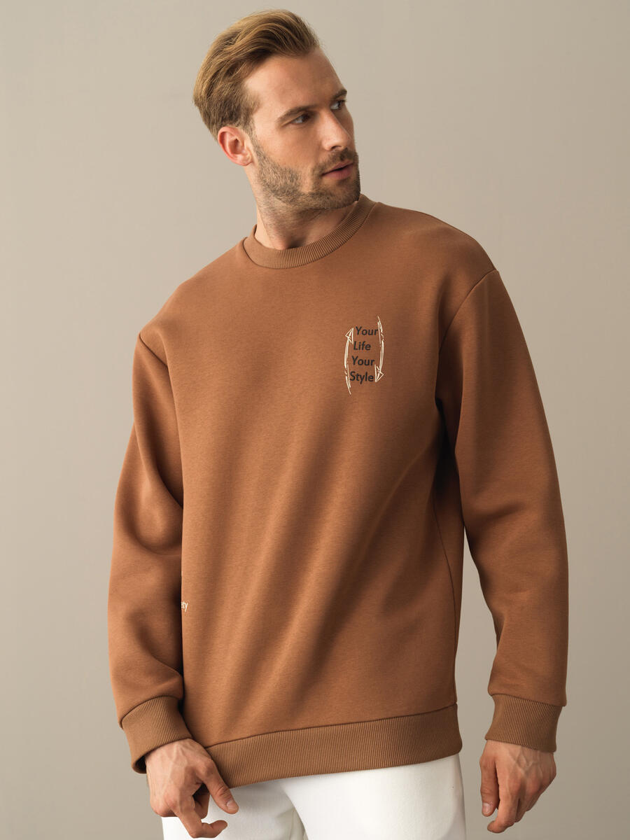 Camel Pamuk Dokulu Oversize Baskılı Sweatshirt 