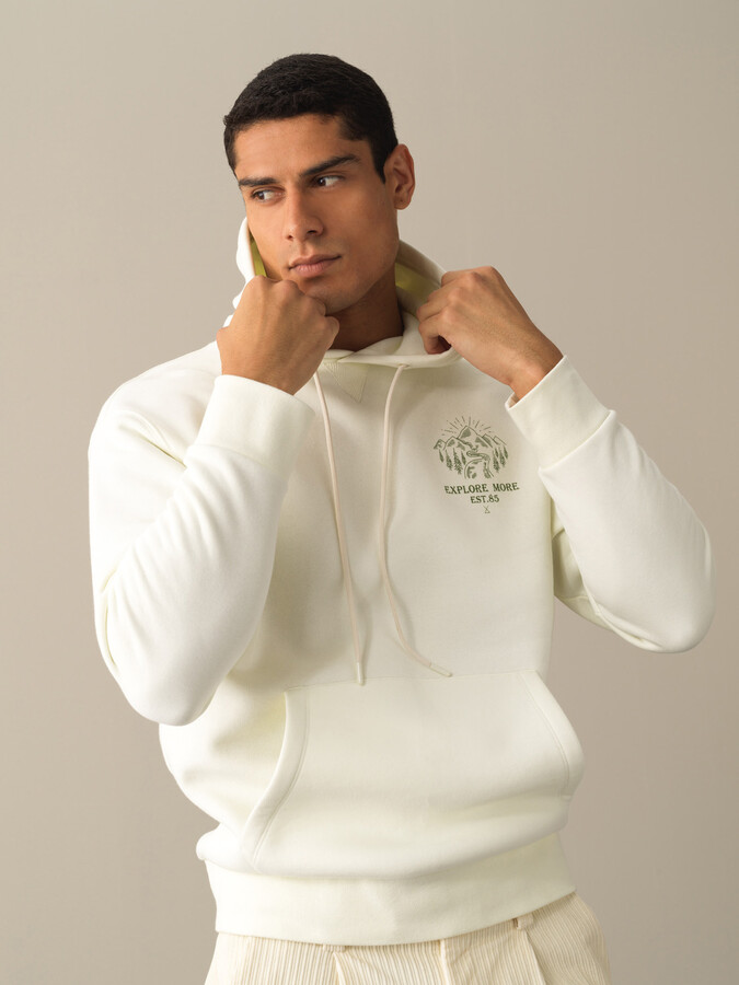 Ekru Oversize Kapüşonlu Pamuklu Sweatshirt - 1