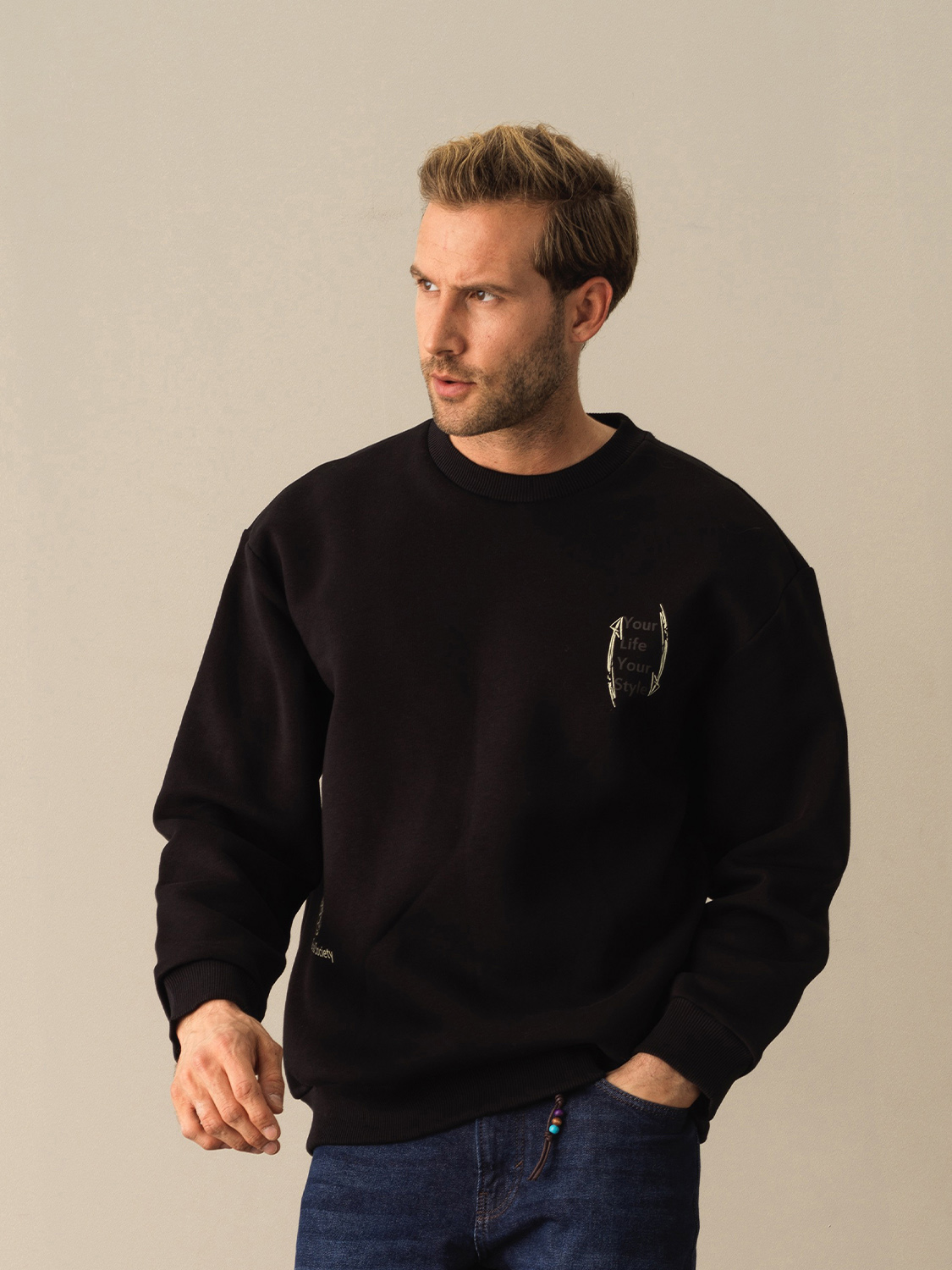 Siyah Pamuk Dokulu Oversize Baskılı Sweatshirt 