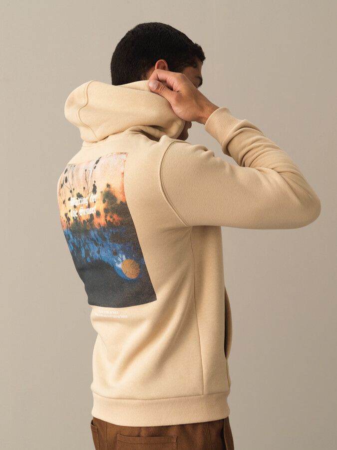 Bej Pamuk Dokulu Regular Fit Baskılı Sweatshirt - Xint