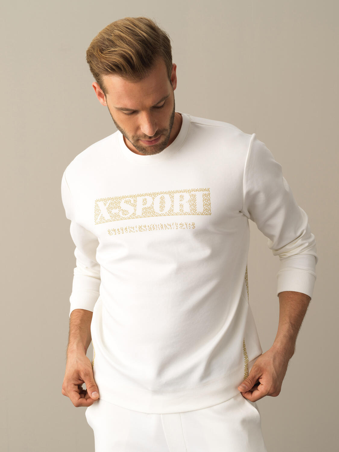 Ekru Slim Fit Bisiklet Yaka Pamuklu Sweatshirt - 1