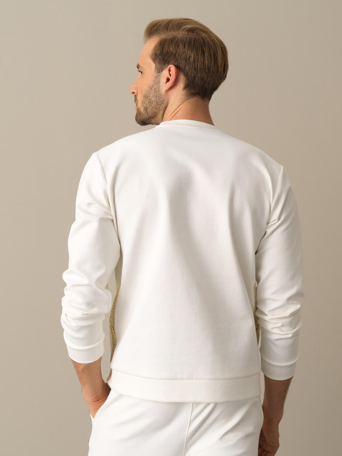 Ekru Slim Fit Bisiklet Yaka Pamuklu Sweatshirt - 4