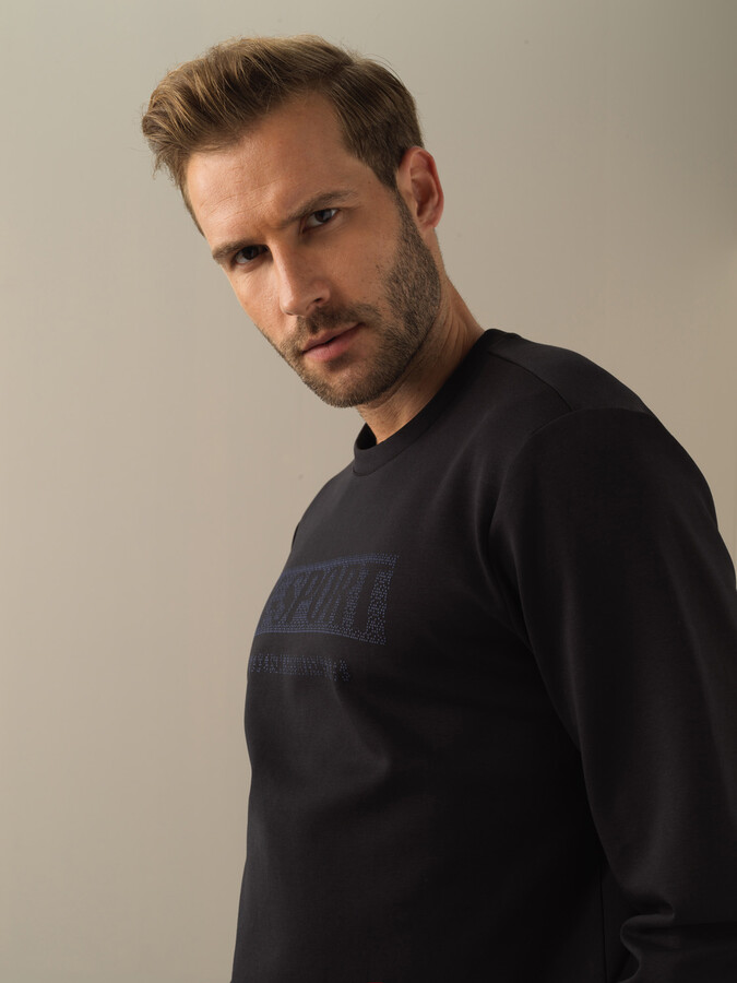 Siyah Slim Fit Bisiklet Yaka Pamuklu Sweatshirt - 1