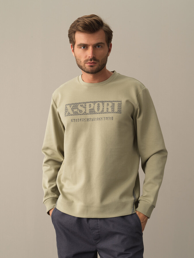 Yeşil Slim Fit Bisiklet Yaka Pamuklu Sweatshirt - 1