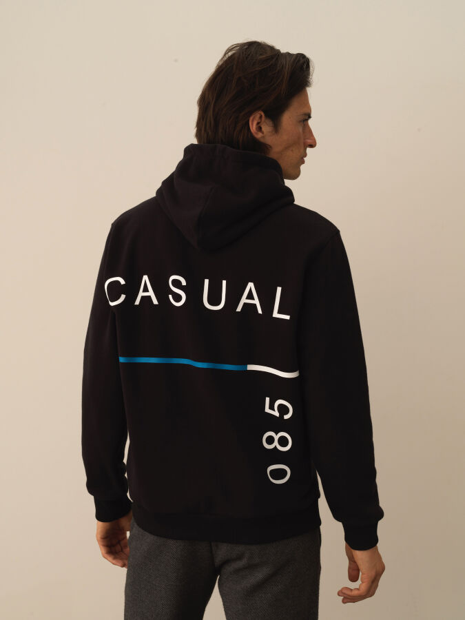 Siyah Regular Fit Kapüşonlu Pamuklu Sweatshirt - 3