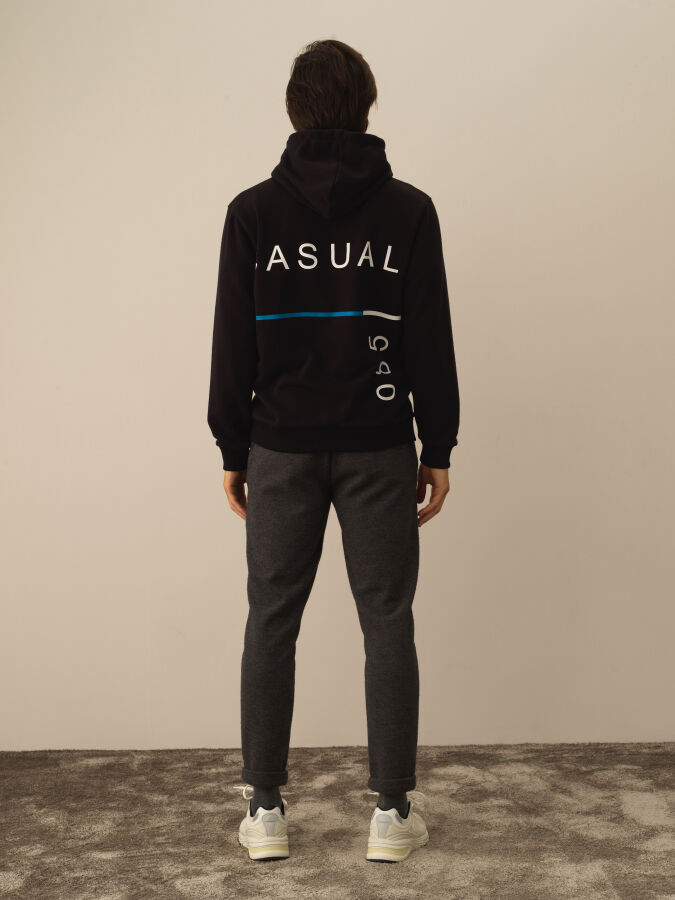 Siyah Regular Fit Kapüşonlu Pamuklu Sweatshirt - 4