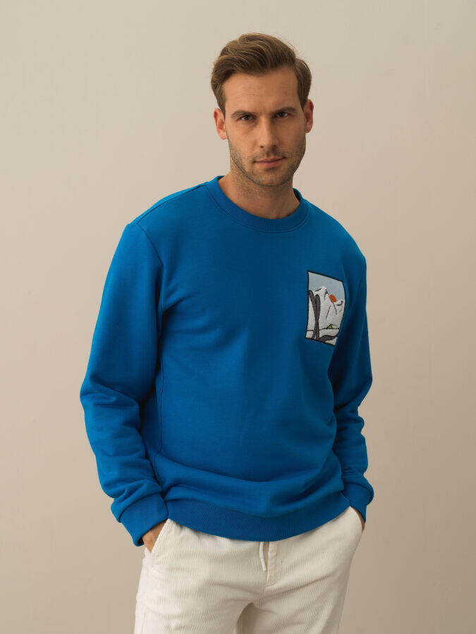 Xint Toptan Mavi Pamuk Dokulu Regular Fit Sweatshirt