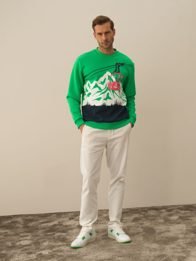 Yeşil Regular Fit Bisiklet Yaka Pamuklu Sweatshirt - 2