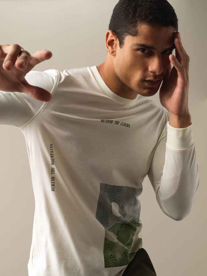 Ekru Pamuk Dokulu Baskılı Tişört - Xint