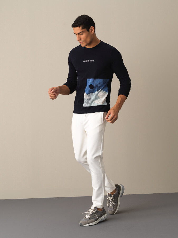 Lacivert Pamuk Dokulu Baskılı Tişört - Xint