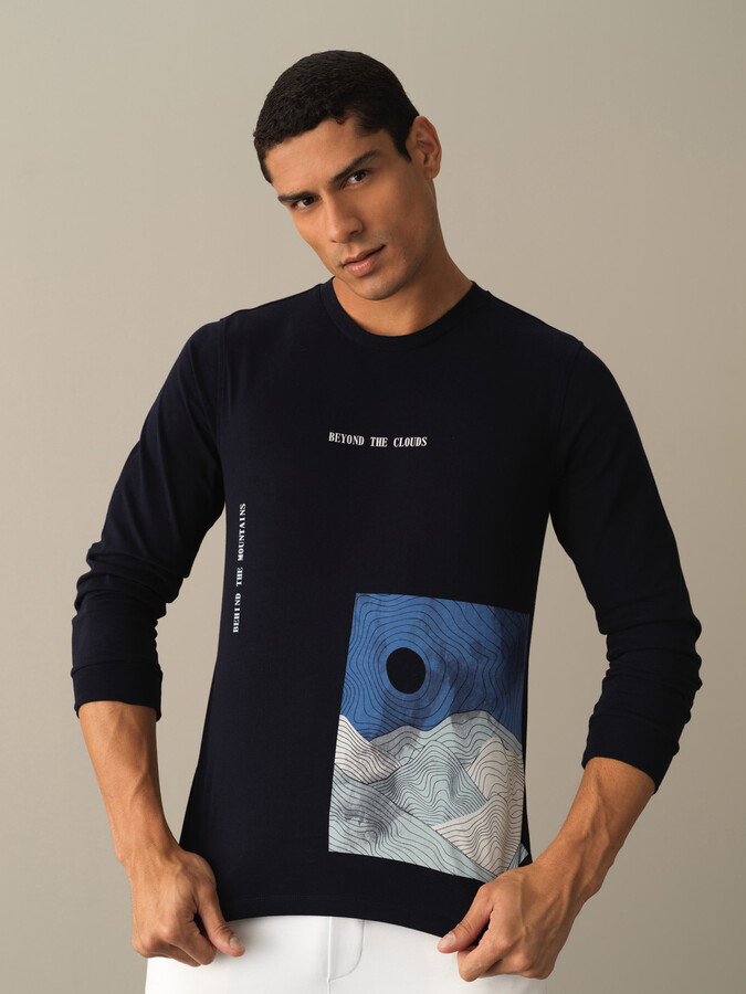 Lacivert Pamuk Dokulu Baskılı Tişört - Xint