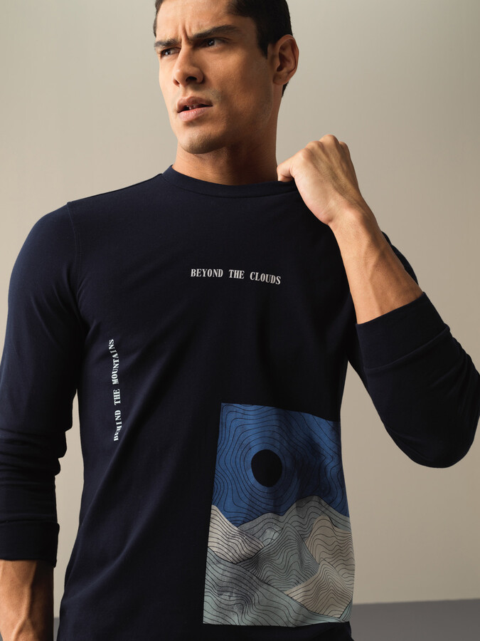 Lacivert Pamuk Dokulu Baskılı Tişört - Xint