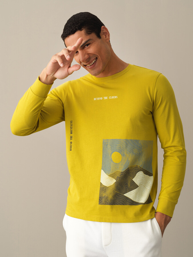 Sarı Pamuk Dokulu Baskılı Tişört - Xint