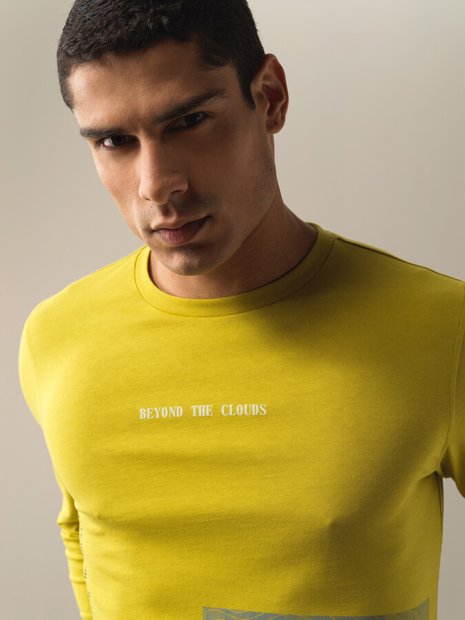 Sarı Pamuk Dokulu Baskılı Tişört - Xint