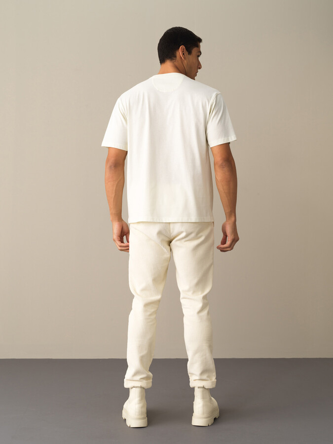 Ekru Pamuk Dokulu Oversize Baskılı Tişört - Xint