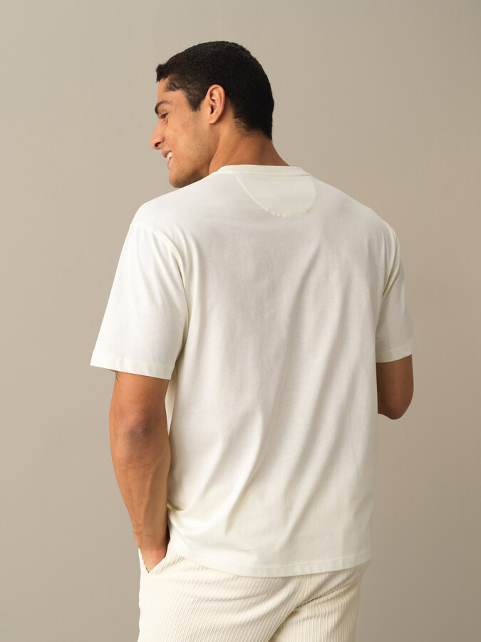 Ekru Pamuk Dokulu Oversize Baskılı Tişört - Xint