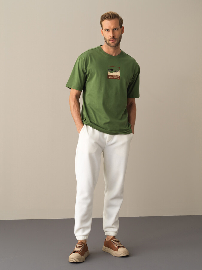 Yeşil Pamuk Dokulu Oversize Baskılı Tişört - Xint