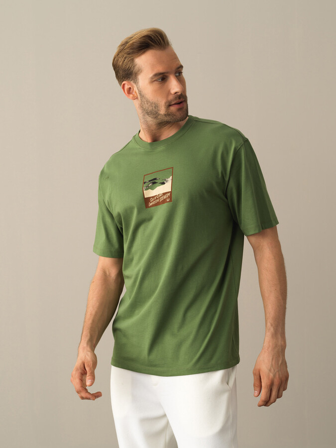 Yeşil Pamuk Dokulu Oversize Baskılı Tişört - Xint