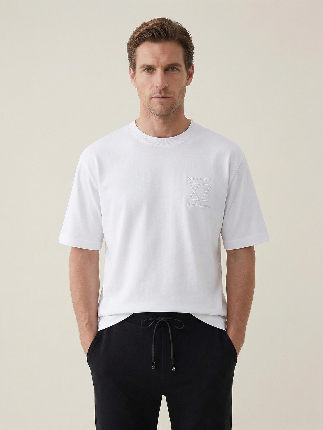 Beyaz Pamuk Dokulu Regular Fit Tişört - 1