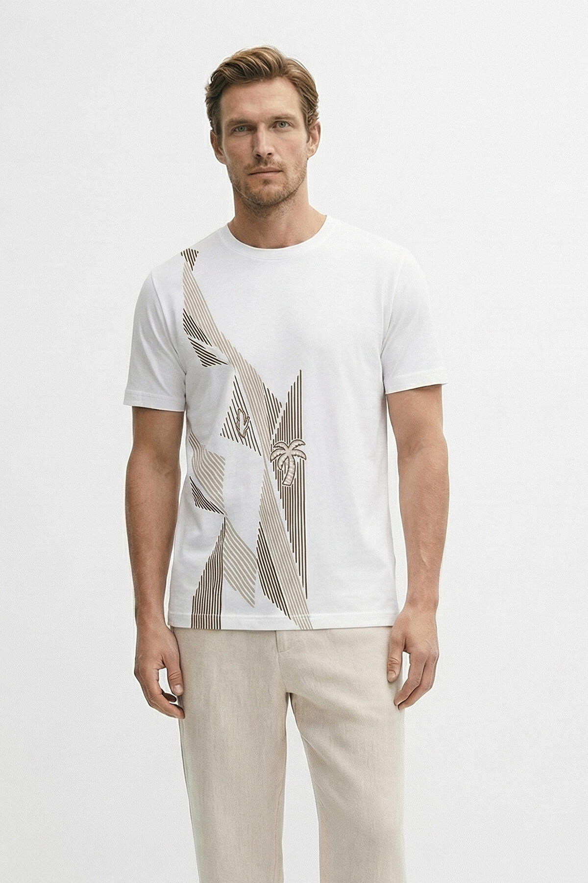 Beyaz Pamuk Dokulu Regular Fit Tişört - 1