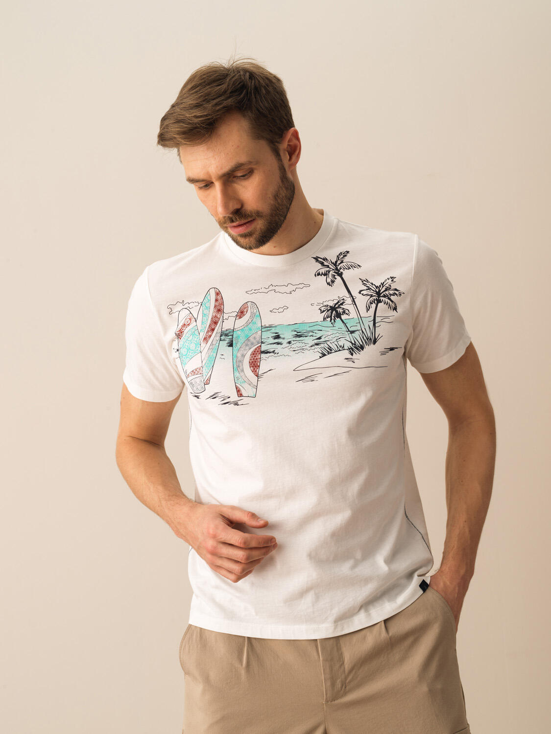Kırık Beyaz Pamuk Dokulu Regular Fit Tişört