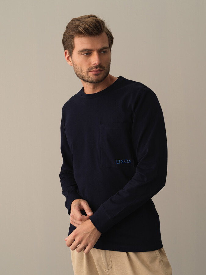 Lacivert Pamuk Dokulu Regular Fit Tişört - Xint