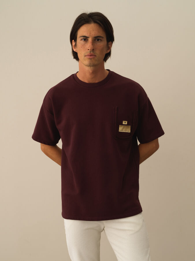 Bordo Oversize Bisiklet Yaka Pamuklu Tişört - 1
