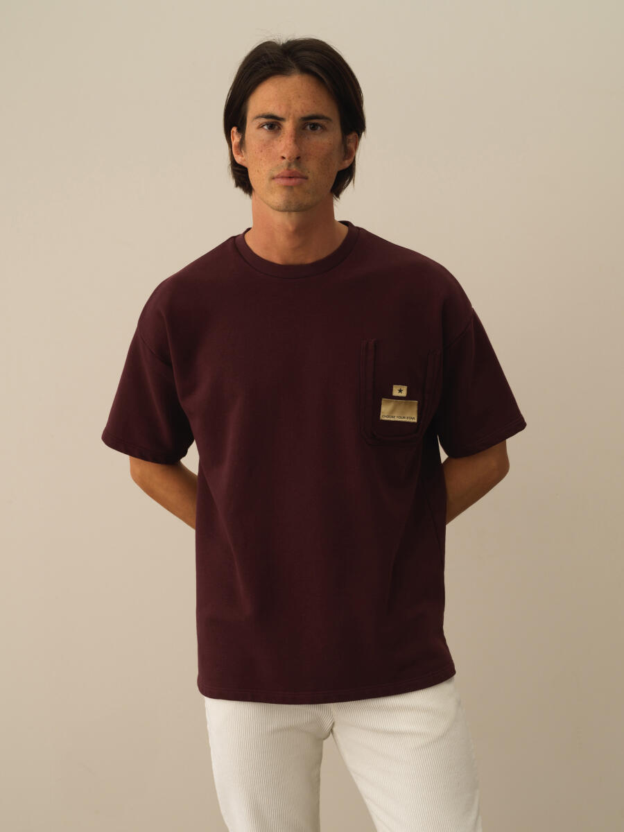 Bordo Pamuk Dokulu Oversize Tişört