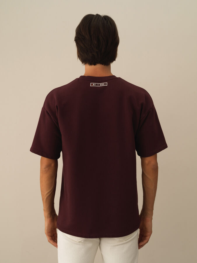 Bordo Oversize Bisiklet Yaka Pamuklu Tişört - 3