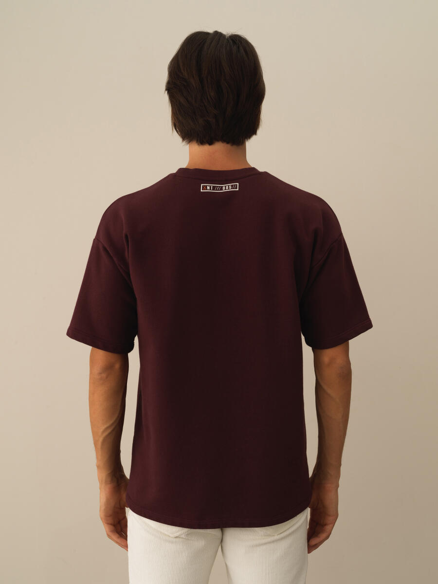 Bordo Pamuk Dokulu Oversize Tişört - 4
