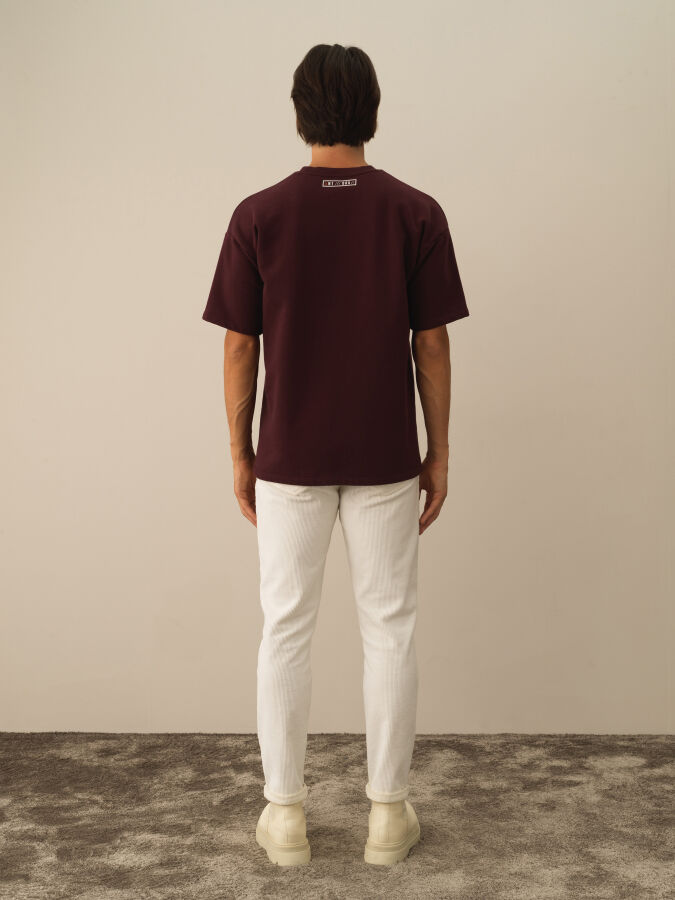 Bordo Oversize Bisiklet Yaka Pamuklu Tişört - 4