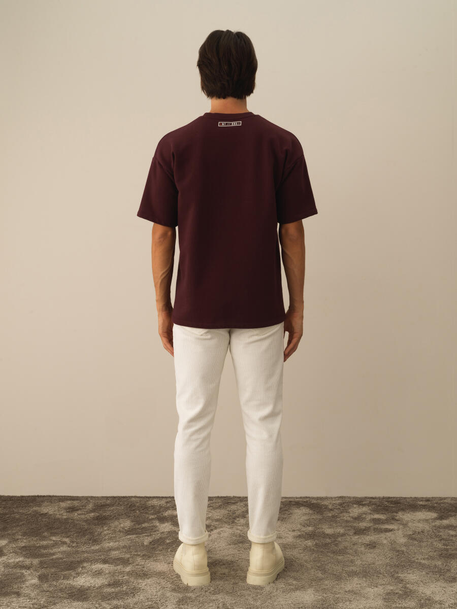 Bordo Pamuk Dokulu Oversize Tişört - 5