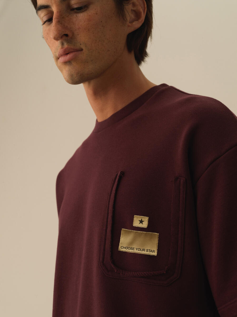 Bordo Pamuk Dokulu Oversize Tişört - 3