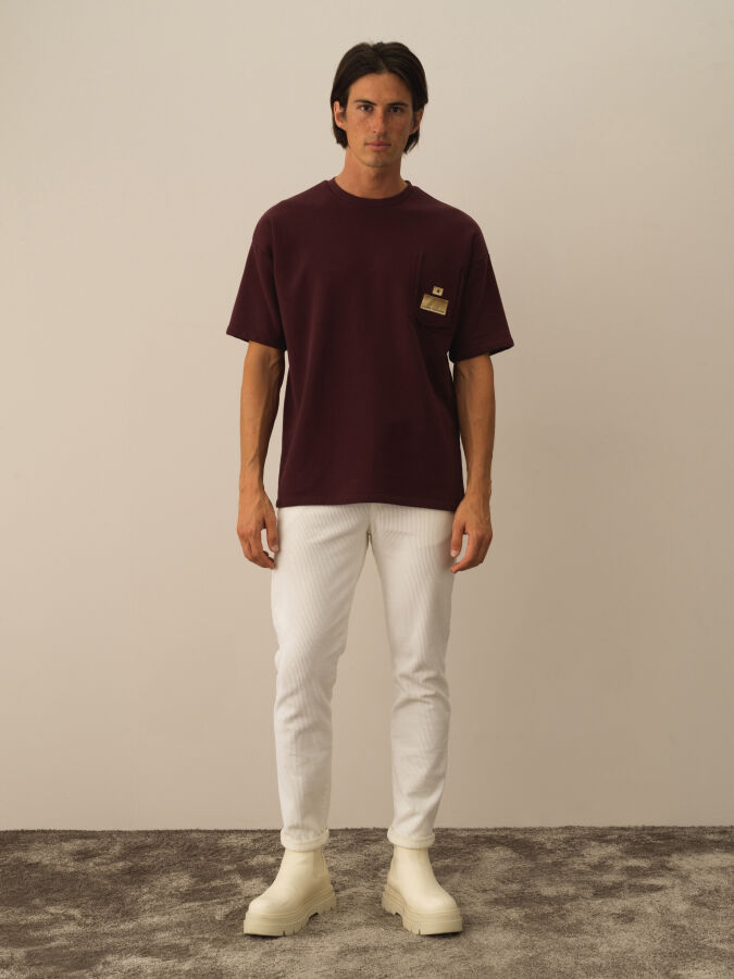 Bordo Oversize Bisiklet Yaka Pamuklu Tişört - 2