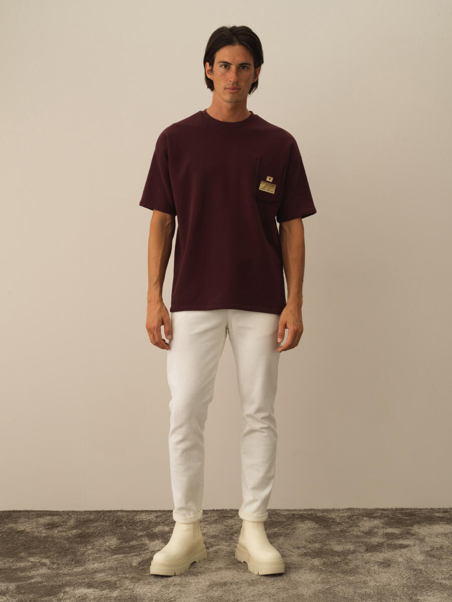 Bordo Pamuk Dokulu Oversize Tişört - 2