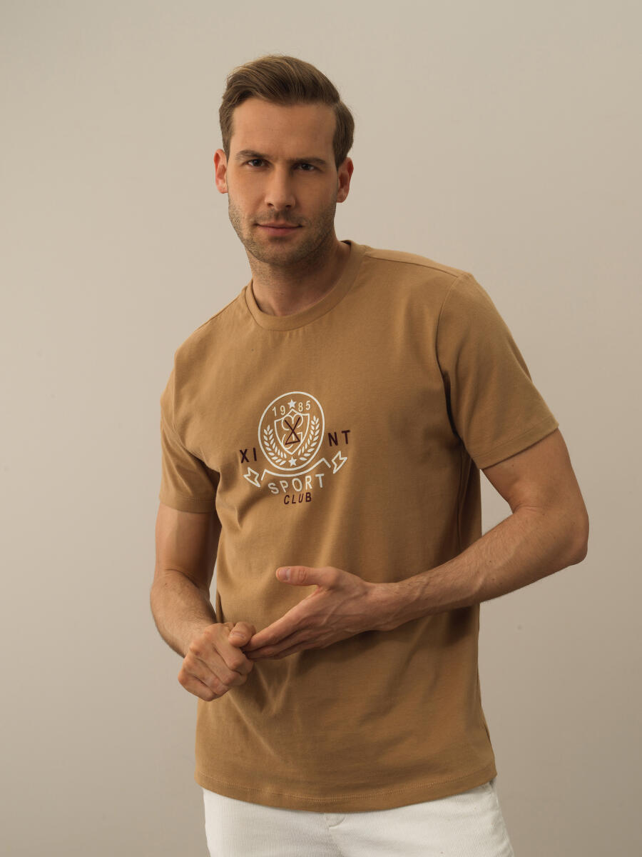 Camel Pamuk Dokulu Regular Fit Tişört