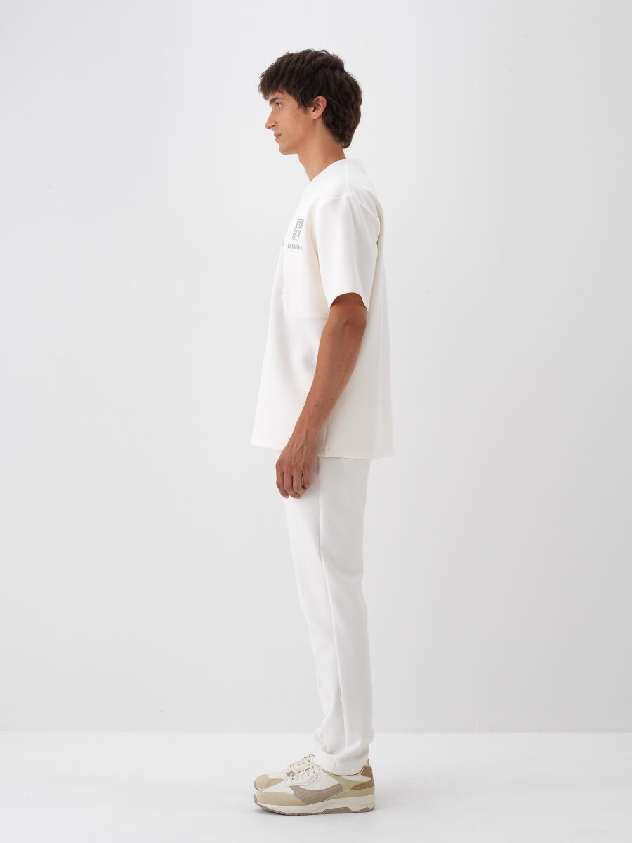 Ekru Pamuk Dokulu Oversize Tişört - 3