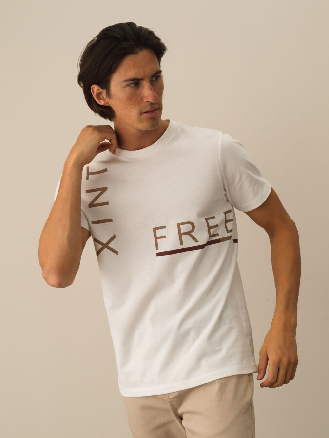 Ekru Regular Fit Bisiklet Yaka Pamuk Tişört - 1