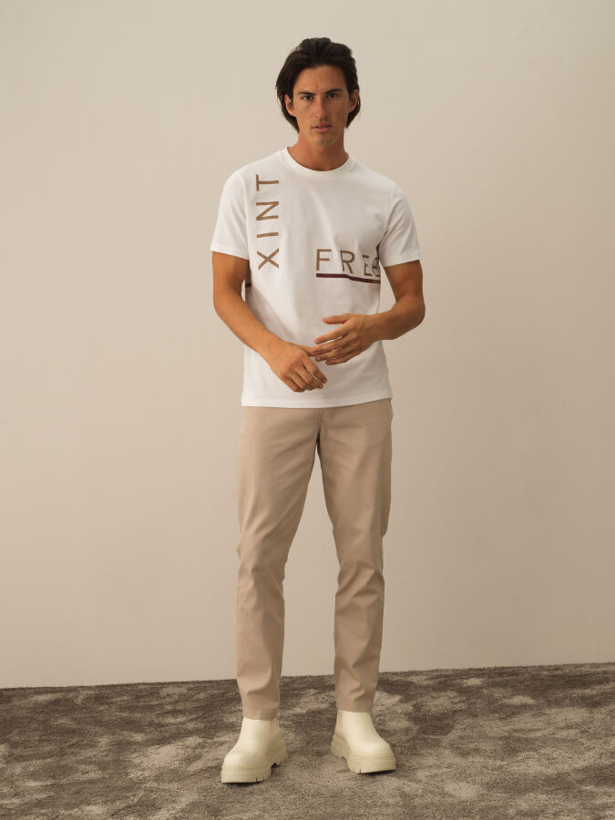 Ekru Regular Fit Bisiklet Yaka Pamuk Tişört - 2