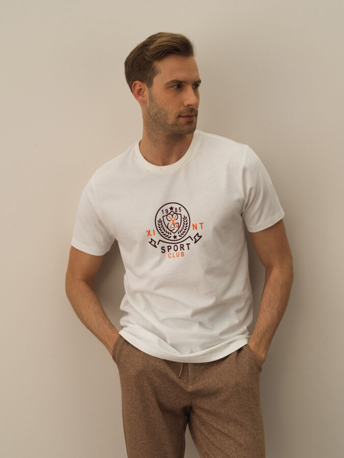 Ekru Pamuk Dokulu Regular Fit Tişört - Xint