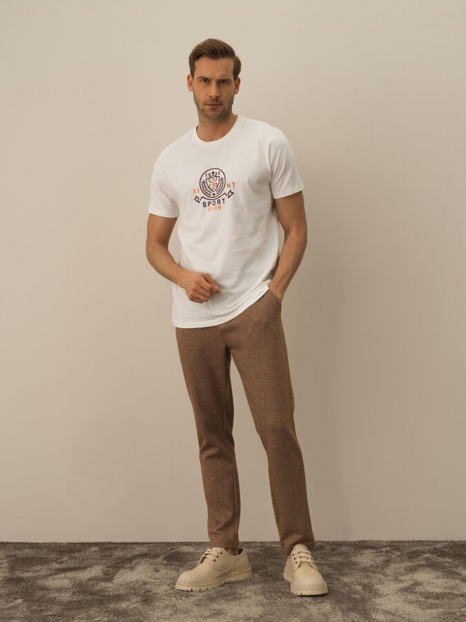 Ekru Pamuk Dokulu Regular Fit Tişört - Xint