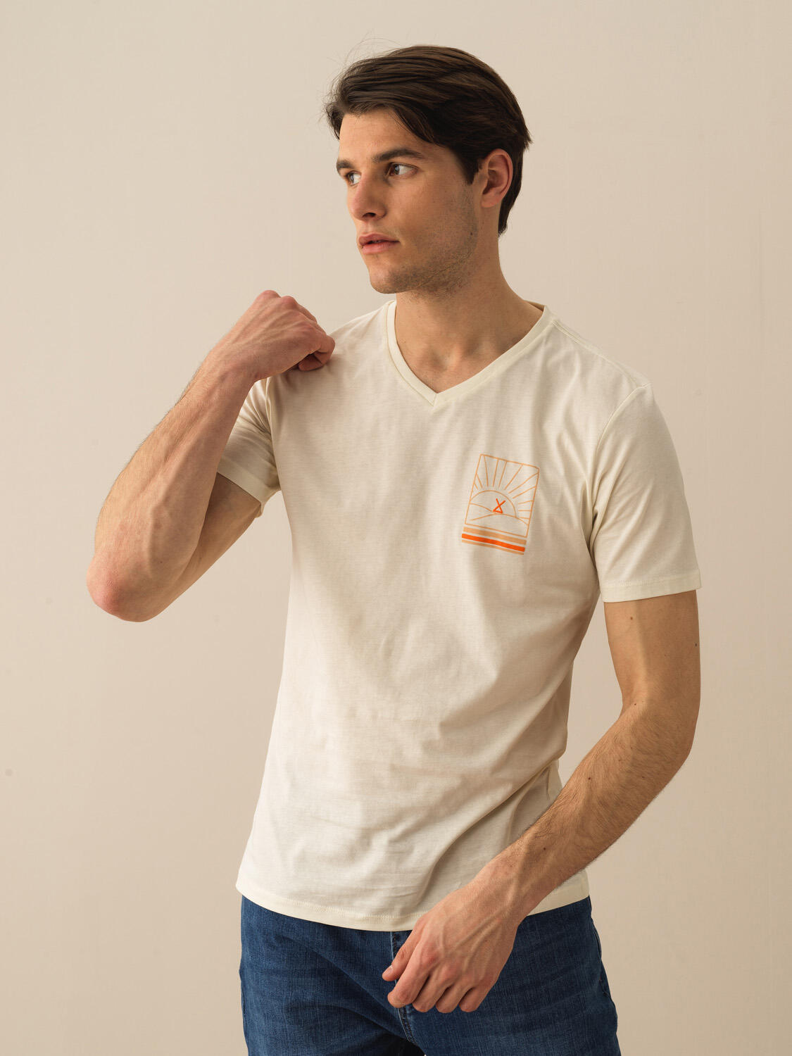 Ekru Pamuk Dokulu Regular Fit Tişört