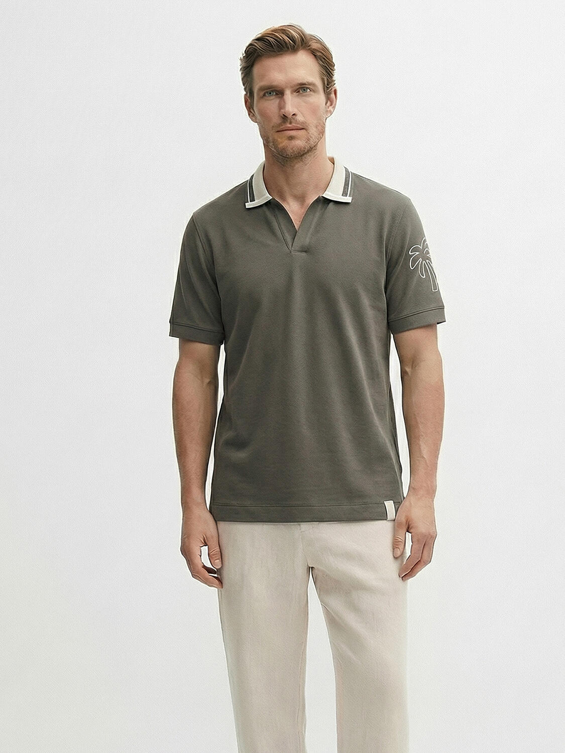 Haki Pamuk Dokulu Regular Fit Tişört - 2