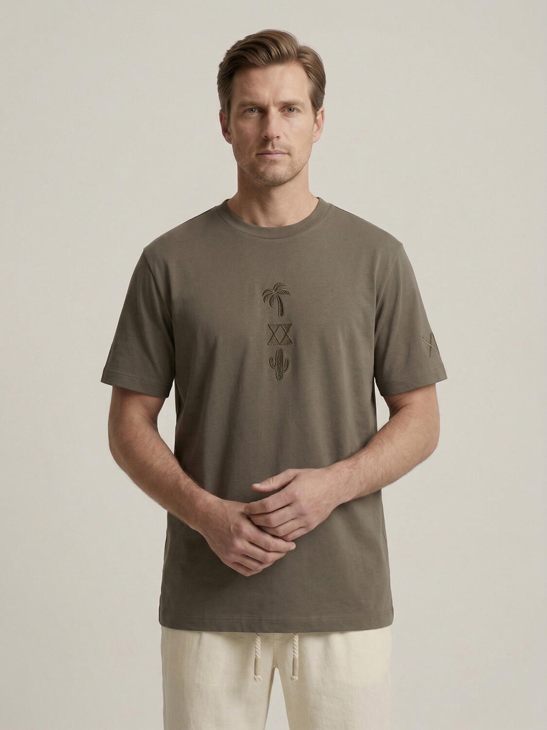 Haki Pamuk Dokulu Regular Fit Tişört - 1