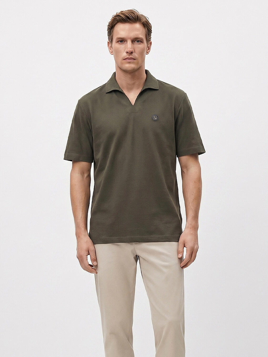 Haki Pamuk Dokulu Regular Fit Tişört - 1